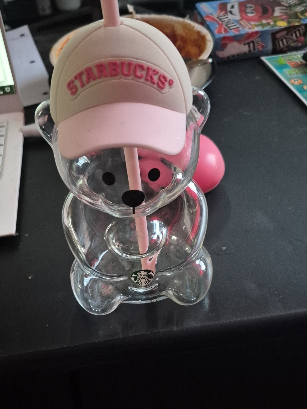 Starbucks Clear Bear Tumbler with Pink Hat and Straw